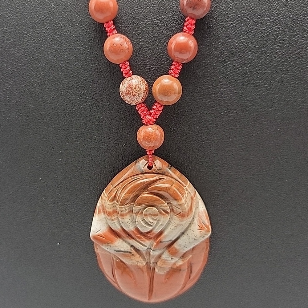 Elegant Red Jasper Beaded 20" Necklace Hand Carved Rose Pendant Natural Gemstone
